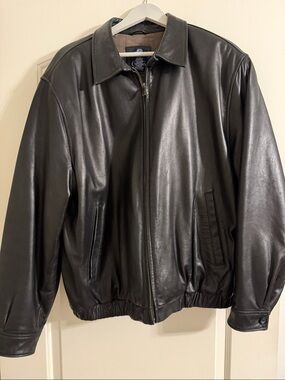 Chaps Black Leather Bomber Jacket with Brown Check Lining